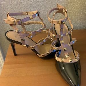 Mix No 6 Black and Tan Caged Studded Heels